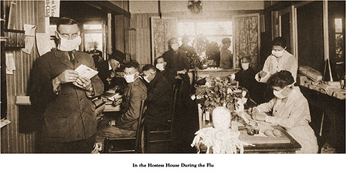 GGA Image ID # 1893e40adf View of the Hostess House During the Flu Epidemic. All Eight Soldiers and Staff Members Shown Are Wearing Masks.
