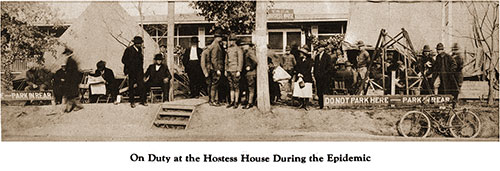 GGA Image ID # 1893e4c201 Soldiers, Hostess House Staff, and Visitors Congregate Outside the Front of the Houst House During the Flu Epidemic.