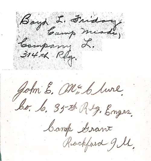 GGA Image ID # 1821135840 Inscriptions from Previous Owners of this Infantry Drill Regulations Manual - Boyd L. Friday of 314th Regiment at Camp Meade, and John E. McClure of the 35th Regimental Engineers at Camp Grant.