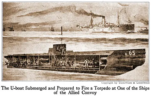 GGA Image ID # 17ffba2e5c U-Boat U-65 Submerged and Preparing to Fire Torpedo at a Ship in an Allied Convoy.