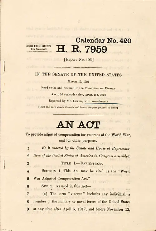 GGA Image ID # 184a93dfd2 H. R. 7959: An Act to Provide Adjusted Compensation for Veterans of the World War, and for Other Purposes, Calendar No. 420, 68th Congress, 1st Session, dated 19 March 1924.