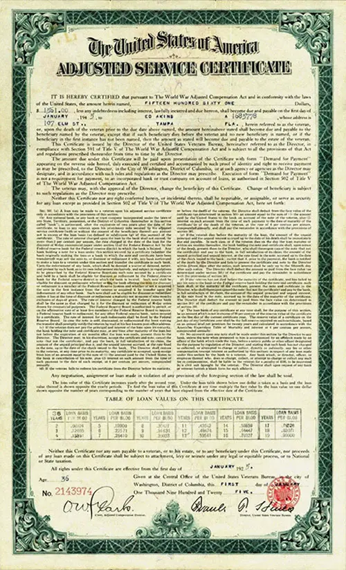 GGA Image ID # 1848f9fba3 Front Side of a United States Adjusted Service Certificate From 1925. The Recipient Discussed in the Transmittal Letter Would Have Received a Similar Certificate.