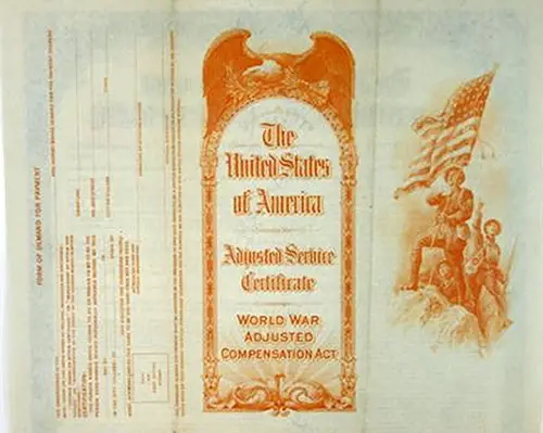 GGA Image ID # 184a782fc8 Reverse Side of the United States of America Adjust Service Certificate, Created Under the World War Adjusted Compensation Act of 1924.