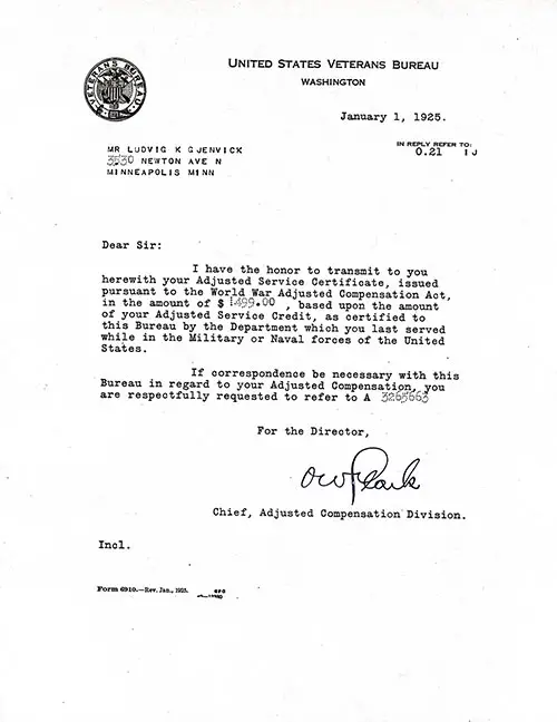 GGA Image ID # 186ca4291a Adjusted Service Certificate Transmission Letter from O. W. Parle, Chief, Adjust Compensation Division to Mr. Ludvig K. Gjenvick, dated 1 January 1925.