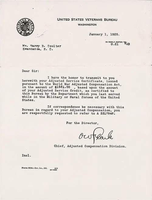 GGA Image ID # 186ccfb1d0 Adjusted Service Certificate Transmission Letter from O. W. Parle, Chief, Adjust Compensation Division to Mr. Harry B. Coulter, dated 1 January 1925.
