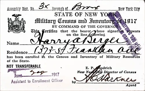 GGA Image ID # 182274c4a0 Wallet-Sized Military Census and Inventory of 1917 Card for Harry A. Berger, Assembly District No 3X, Burough of Bronx, New York City Dated 22 June 1917.