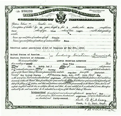 GGA Image ID # 185278db41 Certificate of Immigration for Norwegian Immigrant Ludwig Kristian Gjenvick of Company C, 346th Infantry Stationed at Camp Pike, 24 May 1918.