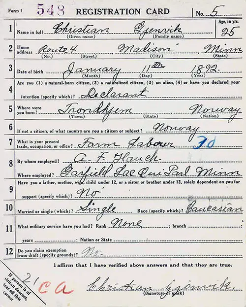 GGA image ID # 1851aff599 World War 1 Draft Registration Card for Norwegian Immigrant Who Lived Near Madison, Minnesota.