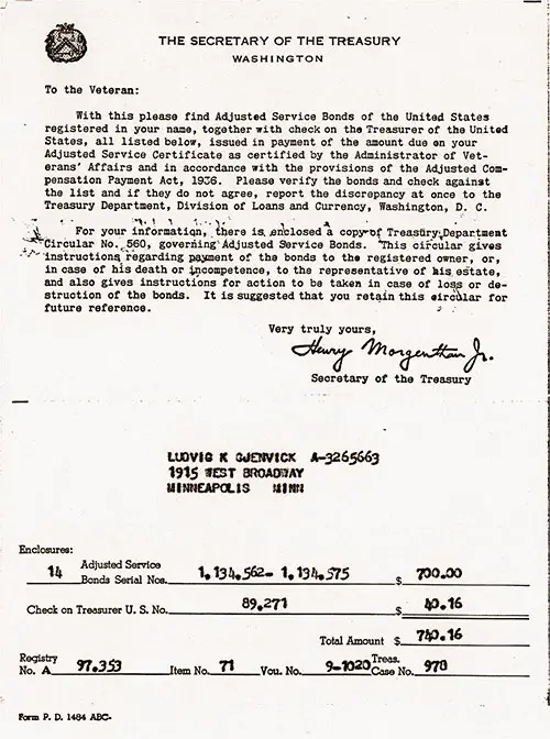 GGA Image ID # 22214b6b47 Transmittal from The Secretary of the Treasury, Washington, DC, Informing Veterans of Adjusted Service Bonds Registered in Their Name. This Letter Pertains to Ludvig K. Gjenvick $700.00 Plus Interest of $40.16 for a Total Amount of $740.316, No Date, ca 1936.