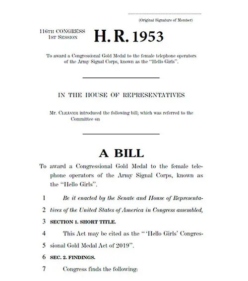 GGA Image ID # 19abec6fd3 Page 1 of HR 1953, a Bill to Award the Congressional Gold Medal to the "Hello Girls" of World War 1, 28 March 2019.