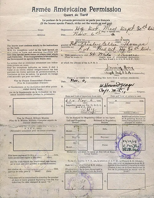 GGA Image ID # 1849b54320 Armée Américaine Permission Quart de Tariff or Leave Permit for a US Soldier