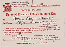 GGA Image ID # 182298a120 Front Side, State of New York, Notice of Enrollment Under Military Law for Harry Aaron Berger of Bronx, New York City, Dated 22 June 1917.