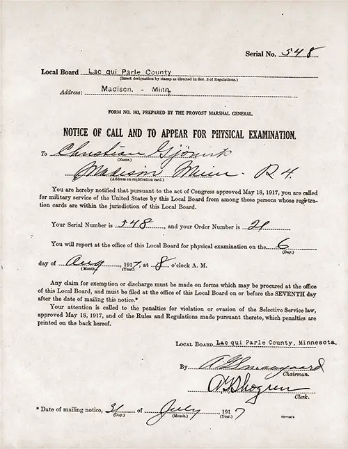 GGA Image ID # 1822499298 Notice of Call and to Appear for Physical Examination for Christian Gjenvik, Red Ink Serial Number 548, Lac qui Parle County, Madison, Minnesota, 31 July 1917.