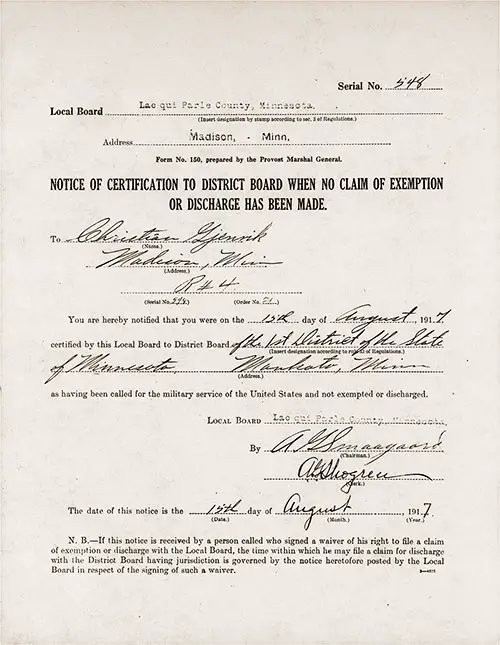 GGA Image ID # 1822540956 Notice of Certification to District Board when No Claim of Exemption or Discharge has been Made, Christian Gjenvik of Madison, Minnesota, Red Ink Serial Number 548, Dated 12 August 1917.