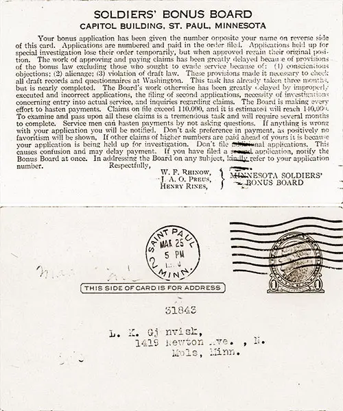 GGA Image ID # 18710914c0 Postcard Notification of Receipt for Bonus Application by the Minnesota Soldiers' Board Postmarked 25 March 1920.