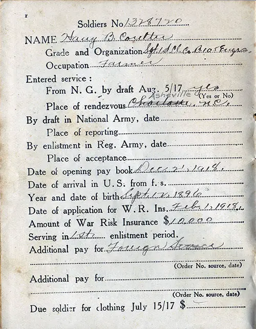 GGA Image ID # 18d89e407b Paybook Information for Harry B. Coulter, Sgt. 1C, Co. B. 105 Engineers, SN 1328720.