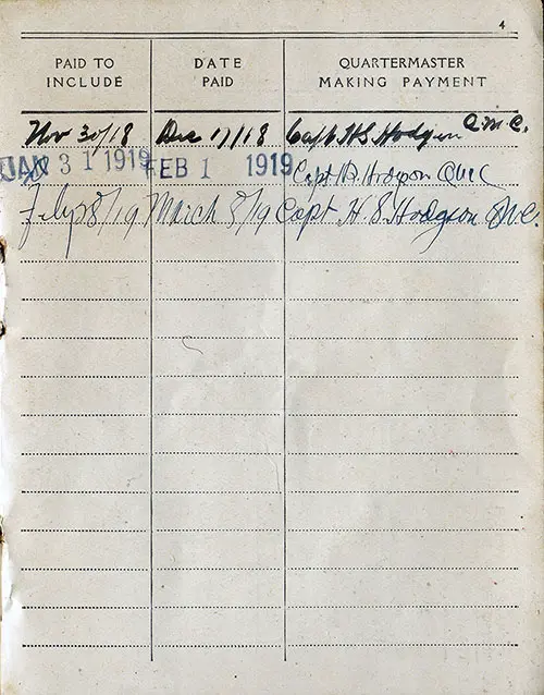 GGA Image ID # 186aef88e8 Allied Expenditionary Force Pay Record for Sgt. 1st Class Harry B. Coulter Showing Payments Made and Signature of Quartermaster Making Payment.