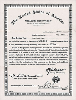Sample 1918 War Risk Insurance certificate; the Hello Girls sought similar coverage but were ineligible
