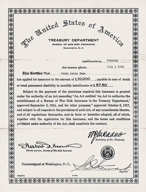 Example of a War Rick Insurance Certificate the the Hello Girls, Female Telephone Operators Attached to the Signal Corps of the United States Army Had Hoped to Obtain.