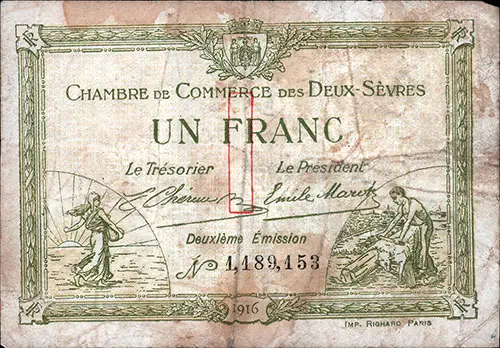 Image ID # 207d6f8ed9. Click to View Larger Image. Front Side, 1 Franc French Currency Bank Note Issued in 1916.