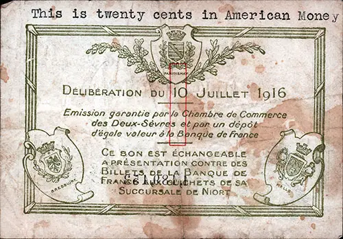 GGA Image ID # 207dbec5b0 Back Side, 1 Franc French Currency Bank Note Issued in 1916.