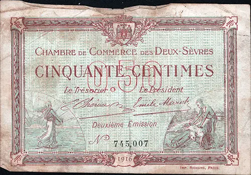 GGA Image ID # 207d5edd64. Click to View Larger Image. Front Side of a Cinquante Centimes 0.50 French Bank Note Currency, 1916.