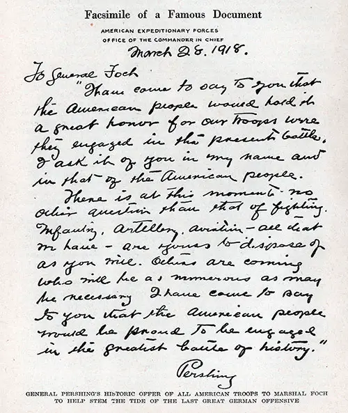 GGA Image ID # 18df985058 Fascimile of a Famous Document, a Handwritten Letter from General John Pershing to General Foch dated 28 March 1918.