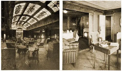 GGA Image ID # 1950bbe1fc Left: The Lounge on the Lusitania Looking Forward. Right: A "Royal Suite" on the Lusitania, Starboard Side, B. Deck.