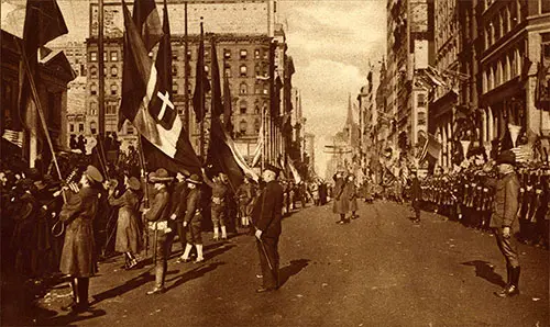GGA Image ID # 195eb08d6a A Feature of the Exultant Demonstrations in New York over the Armistice's Signing was the Ceremony of Saluting the Victorious Flags of the Allies at the Public Library.