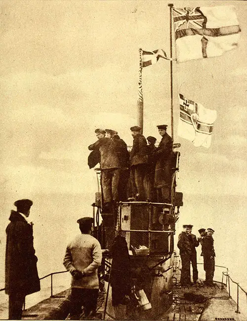 GGA Image ID # 1961011fb3 Close-up View of German U-boat 48 Going to Harwich, with the English Flag Floating above That of the German Empire.