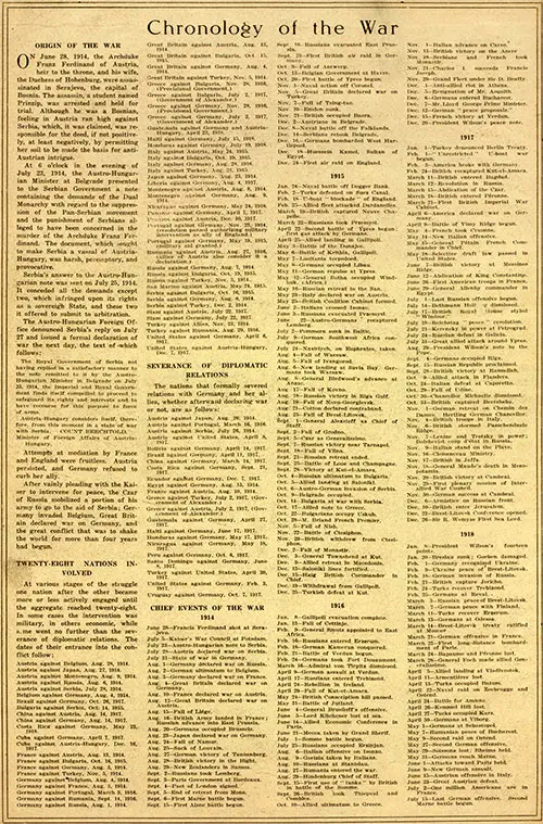 GGA Image ID # 196515b68f Chronology of the War including: Origin of the War; Twenty-Eight Nations Involved; Severance of Diplomatic Relations; And Chief Events of the War by Year (1914-1918).