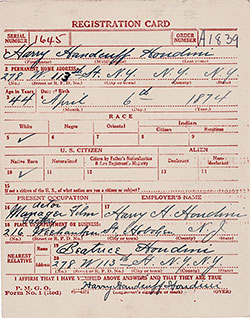 GGA Image ID # 18dd57b2c0 World War 1 Draft Registration Card for Harry Handcuff Houdini, 1918.