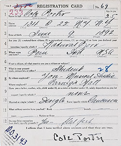 GGA Image ID # 18dc04d492 World War I Draft Registration Card for Cole Porter, 5 June 1917.