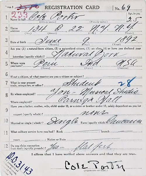 GGA Image ID # 18dc04d492 World War I Draft Registration Card for Cole Porter, 5 June 1917.