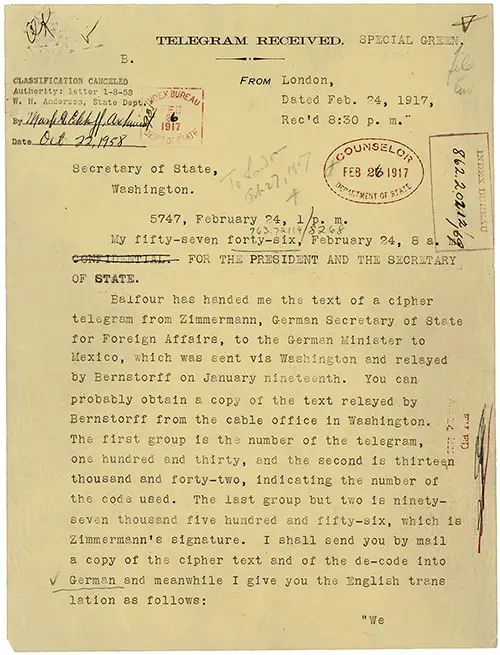 GGA Image ID # 197e4f3ca3 First Page of the Telegram from U.S. Ambassador Walter Page to President Woodrow Wilson Conveying a Translation of the Intercepted Zimmermann Telegram from Germany to Mexico