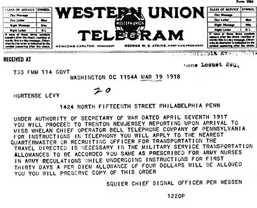 GGA Image ID # 1976ea582e. Click to View a Larger Image. On 19 March 1918, Miss Hortense Levy of Philadelphia Received a Western Union Telegraph Instructing Her to Report for Training in Telephony, Also Known as Telephone Operation.