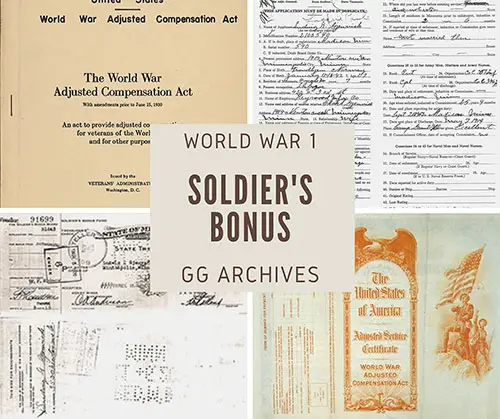 GGA Image ID # 18713868bd Collage of Soldiers' Bonus Materials Including Poster of Discharge Bonus, Application for Adjusted Compensation for Service in the Army, and an Image of the Soldiers' Bonus Check From the State of Minnesota