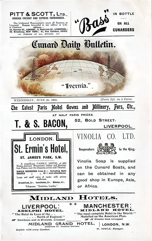 Front Page of the Cunard Daily Bulletin, RMS Ivernia Edition for Wednesday, 28 June 1905.
