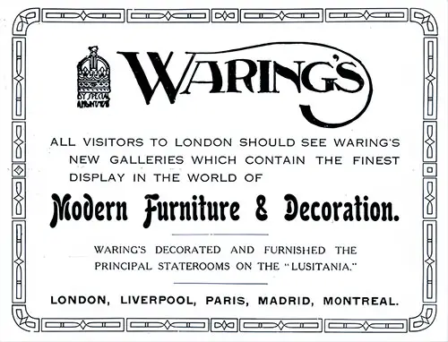 Advertisement, Waring's Modern Furniture & Decoration - London. Published in the Lusitania Edition of the Cunard Daily Bulletin for 10 June 1908.