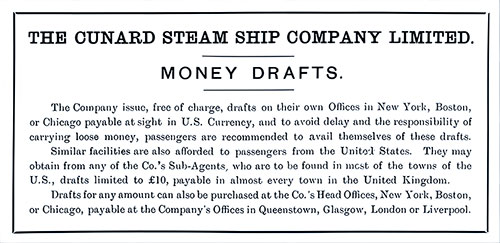Advertisment: Cunard Steamship Company Money Drafts.