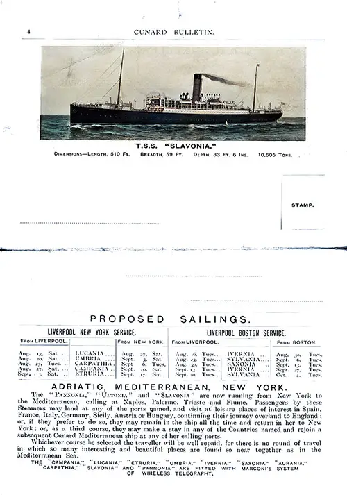 Back Page Featuring a Photo of the SS Slavonia, Proposed Sailings between Liverpool, New York, and Boston, and Information on the Adriatic, Mediterranean, New York Voyages.