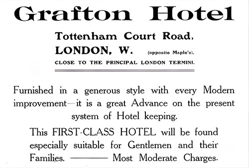 Advertisement: Grafton Hotel, Close to the Principal London Termini, Opposite Maple's.