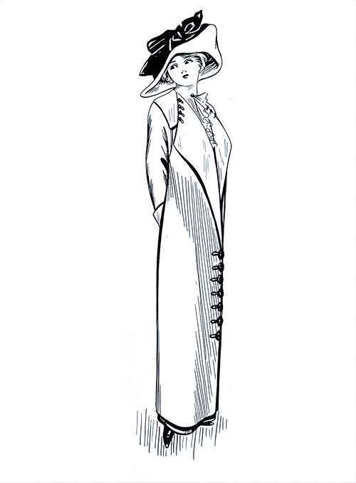 Summer Gown in Pale Grey Cachemire de Soie, the Front Being Cut in Tabs From Neck to Hem and Closing With Fancy Buttons Over a Plain Panel Front.