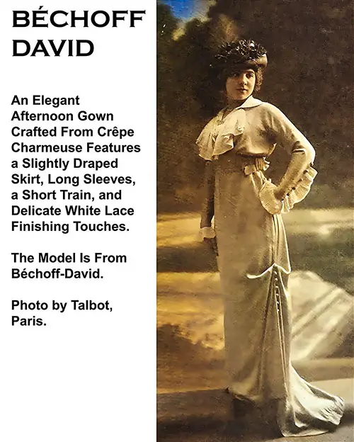 GGA Image ID # 22558d3fc2 An Elegant Afternoon Gown Crafted From Crêpe Charmeuse Features a Slightly Draped Skirt, Long Sleeves, a Short Train, and Delicate White Lace Finishing Touches. The Model Is From Béchoff-David.