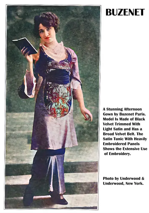 GGA Image ID # 224ac290a6 A Stunning Afternoon Gown by Buzenet Paris. Model Is Made of Black Velvet Trimmed With Light Satin and Has a Broad Velvet Belt. the Satin Tunic With Heavily Embroidered Panels Shows the Extensive Use of Embroidery.