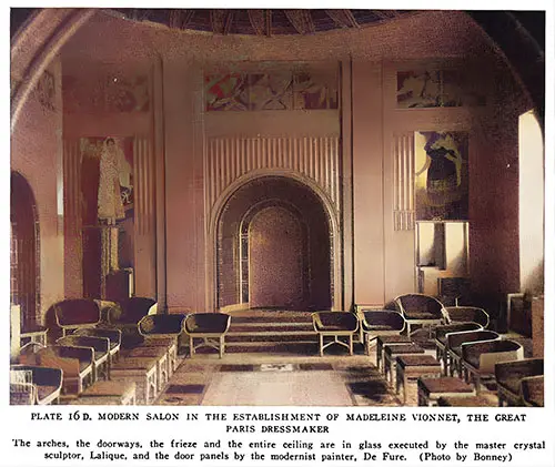 Plate 16 D. Modern Salon at Madeleine Vionnet’s Establishment, the Great Paris Dressmaker. the Arches, Doorways, Frieze, and Entire Ceiling Are Made of Glass, Crafted by the Master Crystal Sculptor Lalique. the Door Panels Were Designed by the Modernist Painter de Fure.