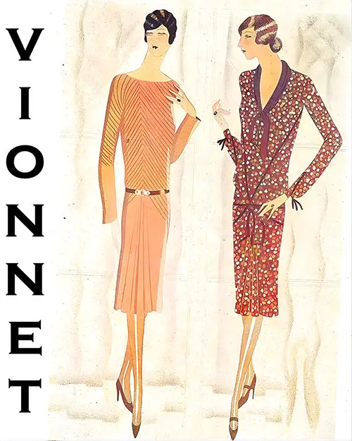 A Soft Grey Crêpe de Chine Is Used for a Distinctive Frock From Madeleine Vionnet, Featuring Pin Tucking in the Signature Vionnet Style. the Circular Fullness Is Concentrated on One Side, and the Belt Is Made of Navy Leather. The Silk Crêpe Dress on the Right Is Patterned With Small Flowers in Various Colors Against a Navy Background. Its Diagonal Seams Are Accentuated by Bias Strips of Plain Navy Crêpe, and It Has a Scarf Collar in the Same Color.