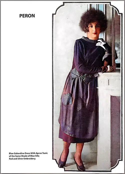 Blue Gabardine Dress With Apron Tunic of the Same Shade of Blue Silk; Red and Silver Embroidery.