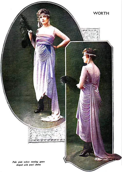 Pale Pink Velvet Evening Gown Draped With Pearl Chains.