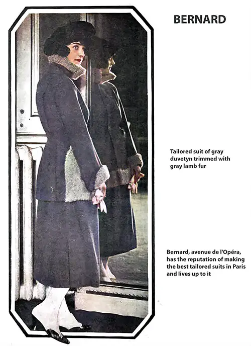 Tailored Suit of Gray Duvetyn by Jenny Trimmed With Gray Lamb Fur.